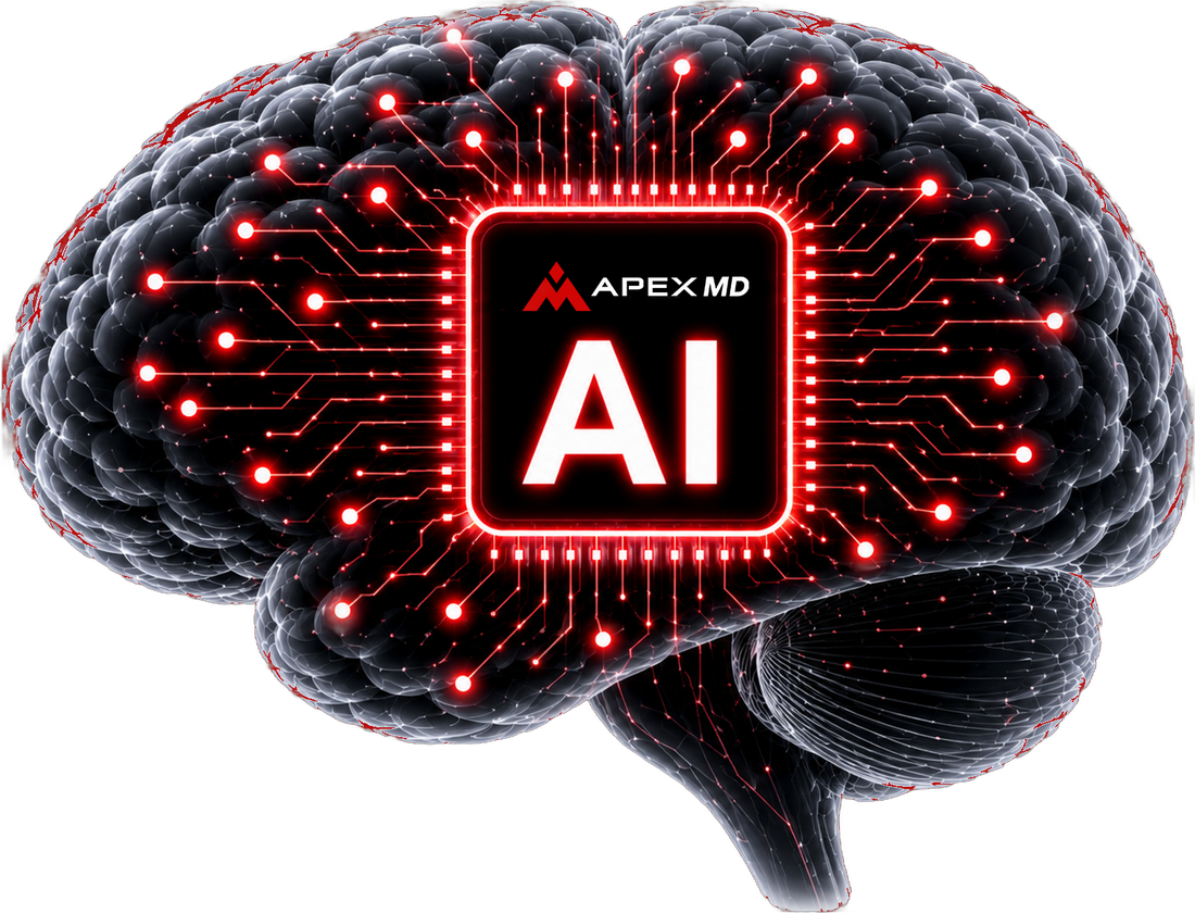 Apex MD AI: a brain with a glowing Apex MD AI chip at its center