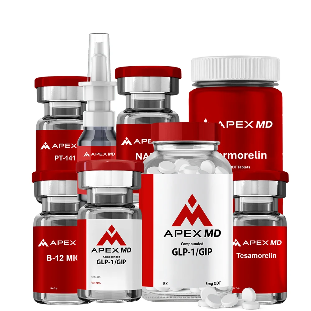 Apex MD prescription product lineup: compounded GLP-1/GIP vial and tablets, Sermorelin, NAD+, PT-141, B-12 MIC and Tesamorelin