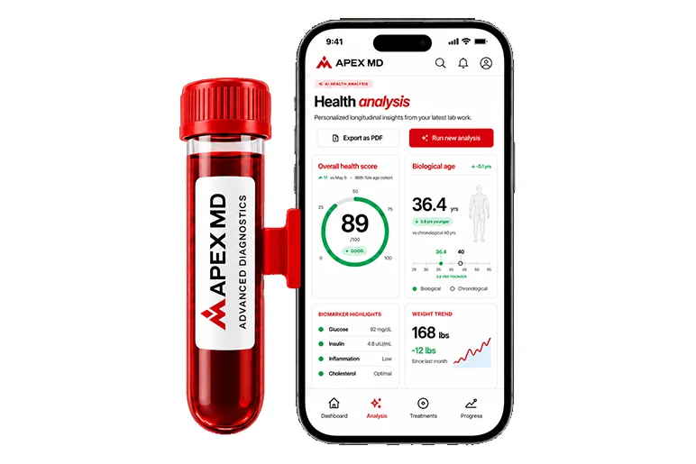 Apex MD Advanced Diagnostics blood tube beside the Apex MD health analysis screen on a phone