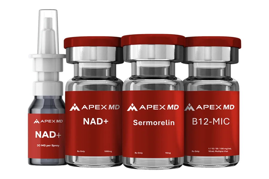 Apex MD peptide and longevity products: NAD+ nasal spray, NAD+ vial, Sermorelin vial and B12-MIC vial