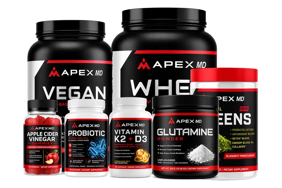 Apex MD supplement line: vegan and whey protein, greens, glutamine powder, vitamin K2 + D3, probiotic and apple cider vinegar gummies
