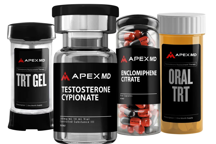 Apex MD testosterone products: TRT gel, testosterone cypionate vial, enclomiphene citrate capsules and oral TRT