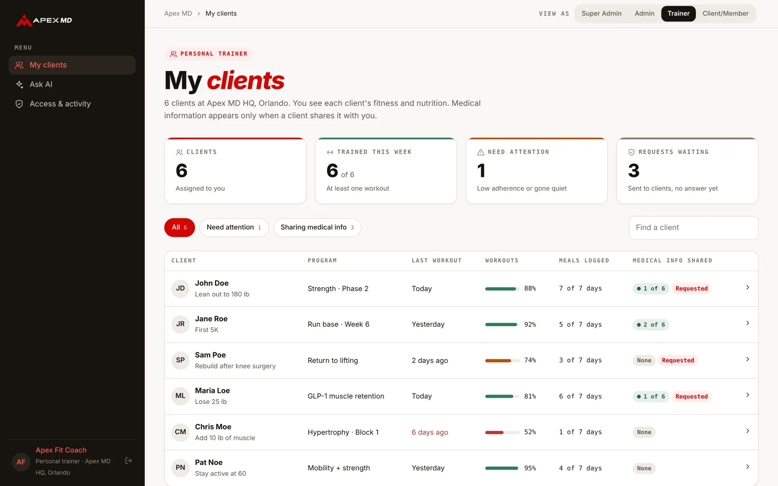 Coach client list showing which clients have chosen to share medical information